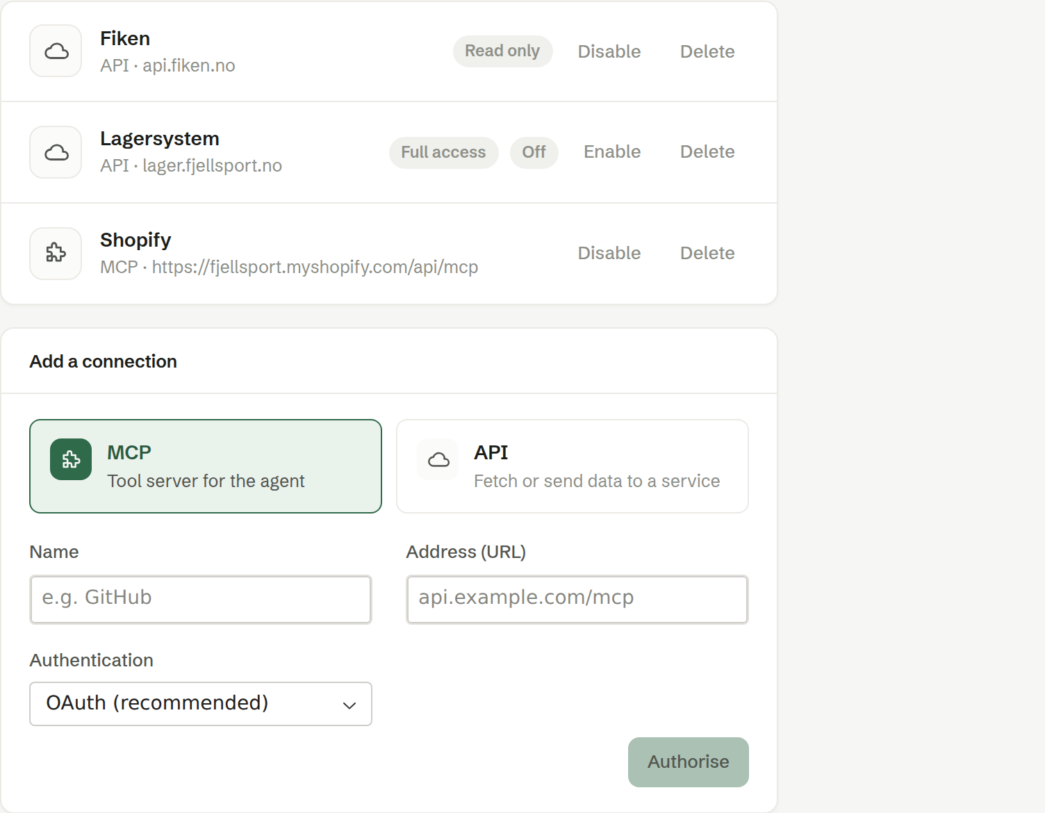 Company settings › Connections, with an online shop, an accounting system and a warehouse system