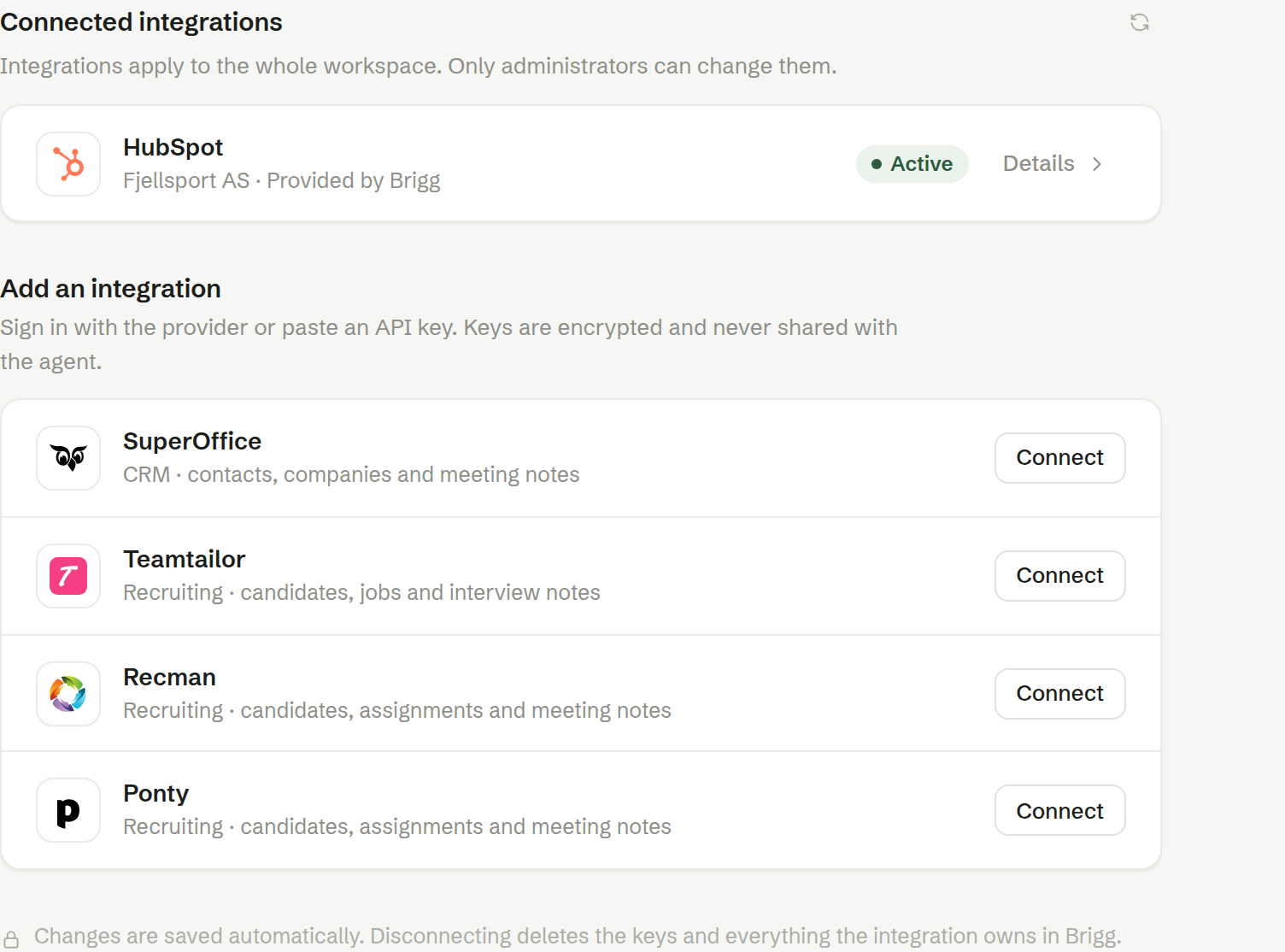 Company settings › Integrations, with HubSpot connected