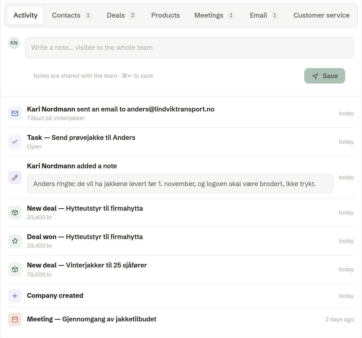 The Activity tab on a company