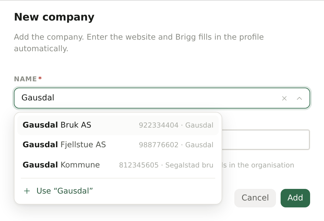Adding a company: the name field searches the company register