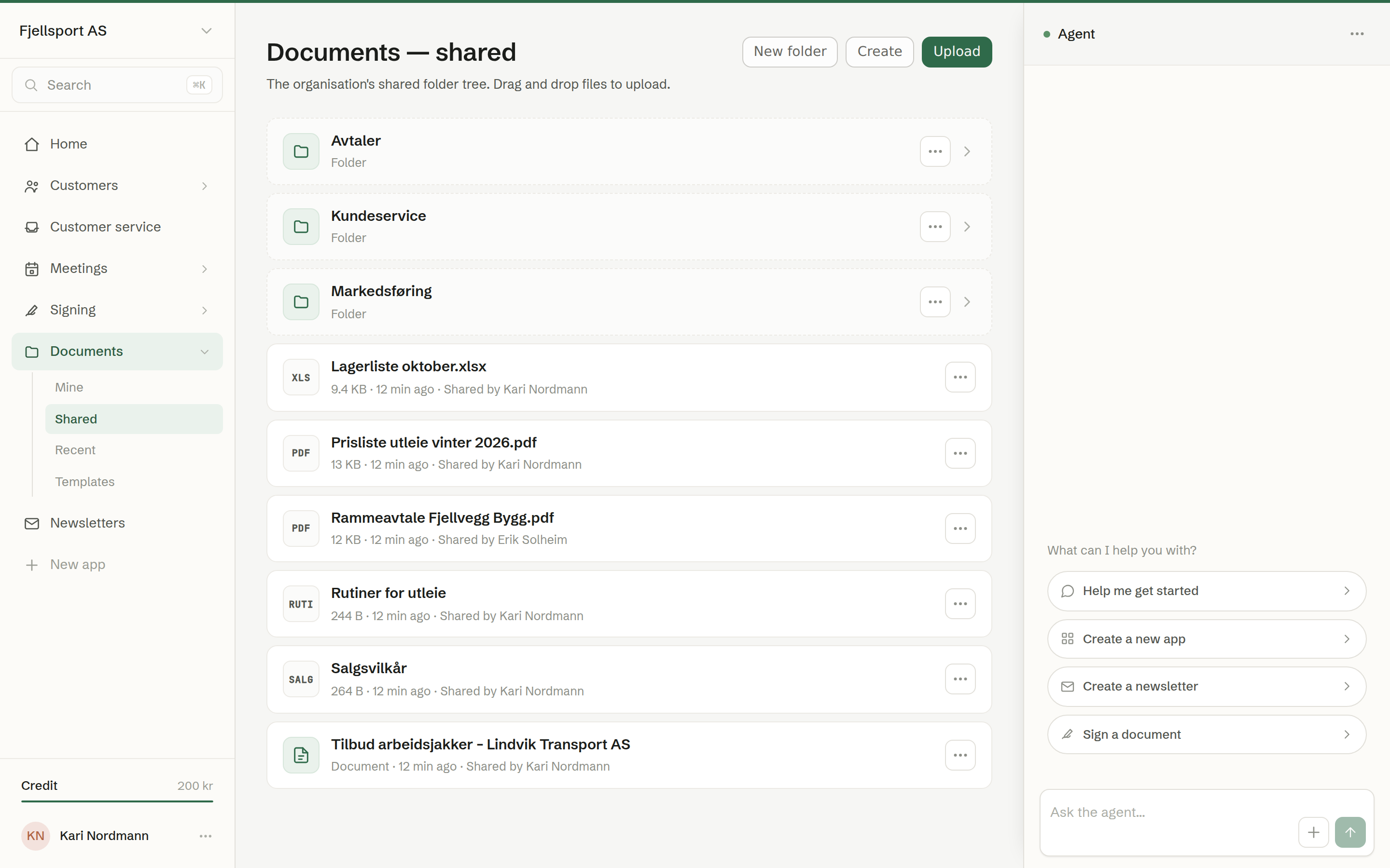 Documents: the shared folders, with the buttons to create, upload and make folders at the top