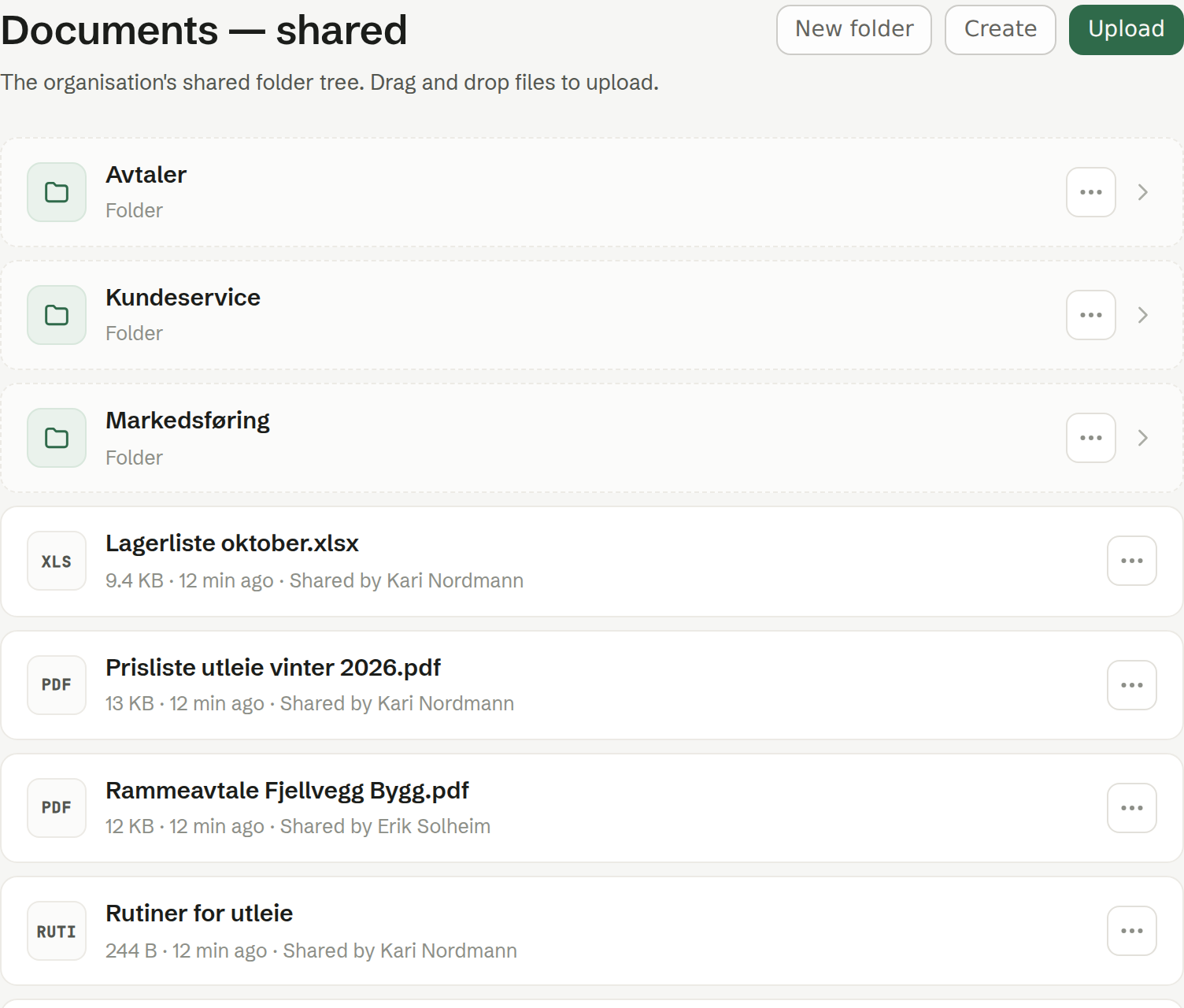 Shared: folders first, then files, each with its type, age and who shared it