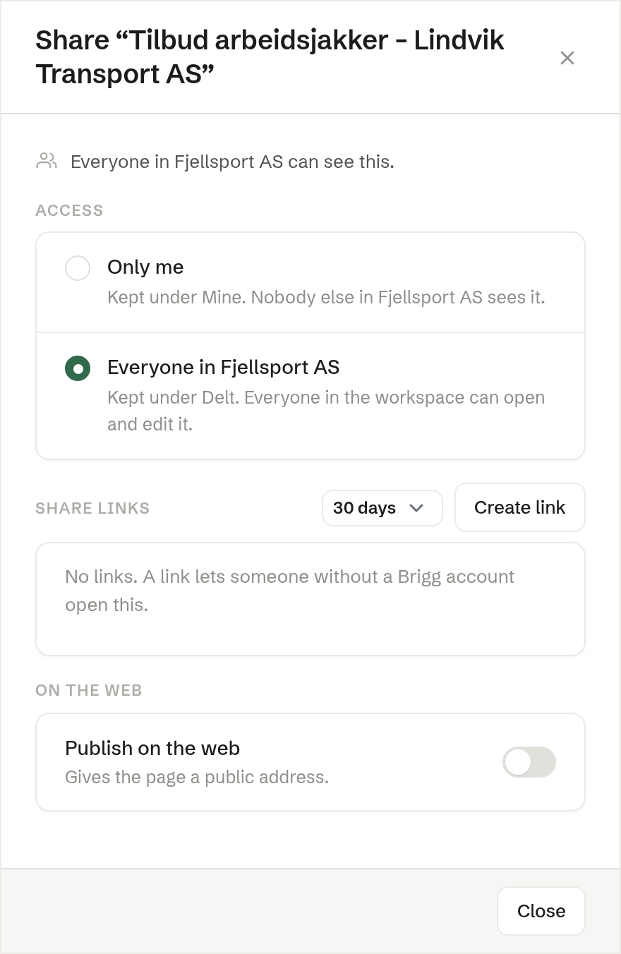 Share: access, share links and publishing on the web
