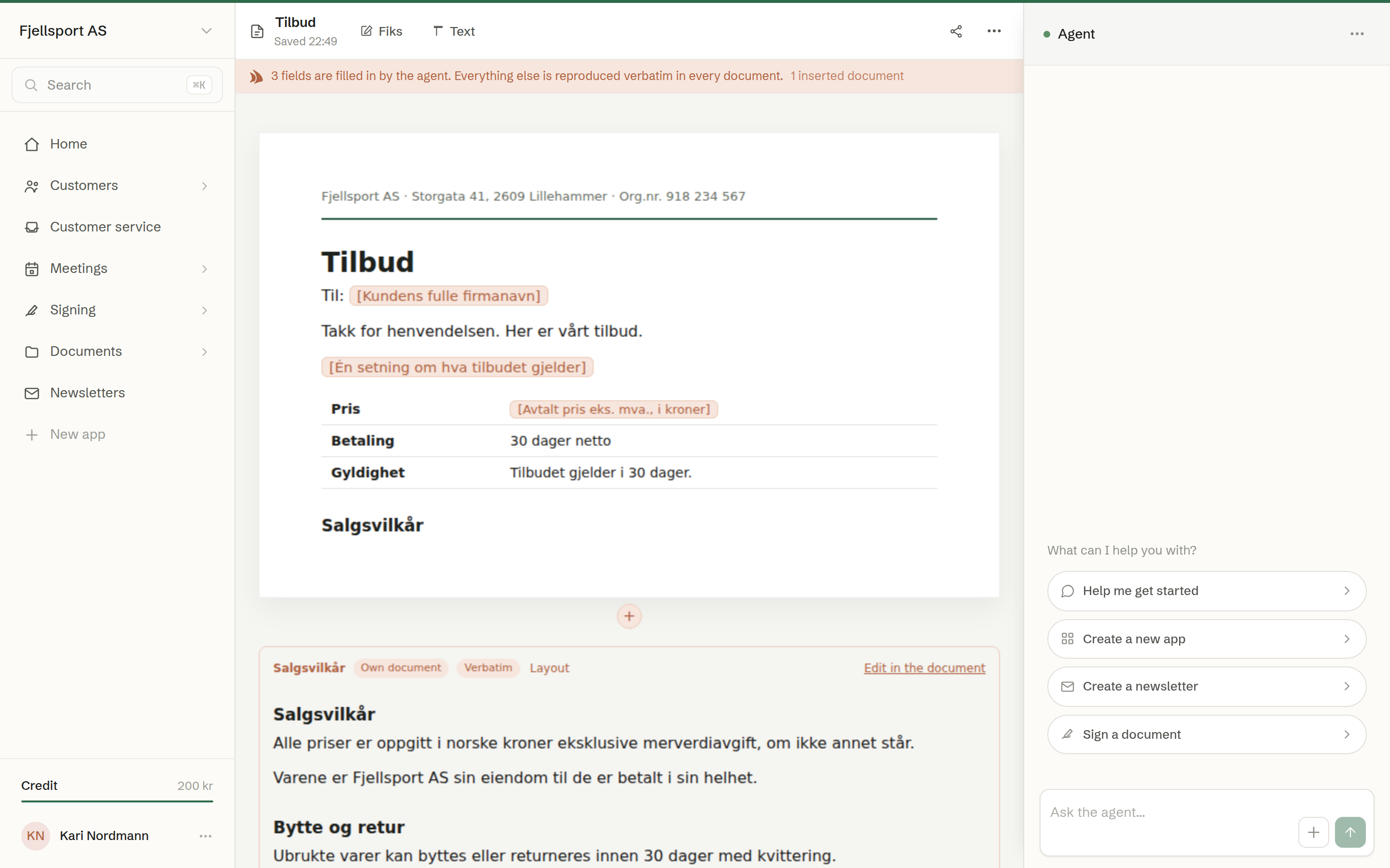 Edit fields: the fields in peach, and an inserted document