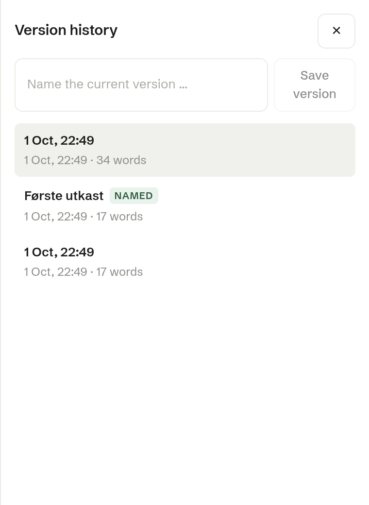 Version history of a text document