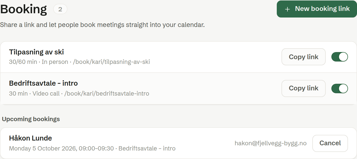 Booking: your links and the bookings coming up