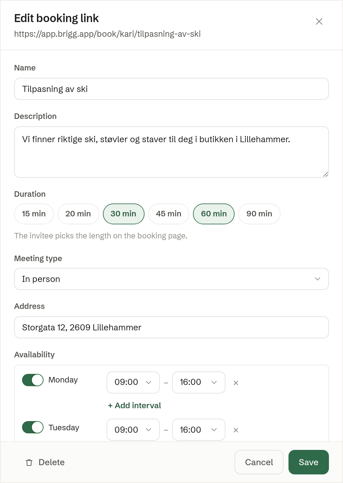 A booking link with two lengths, in person