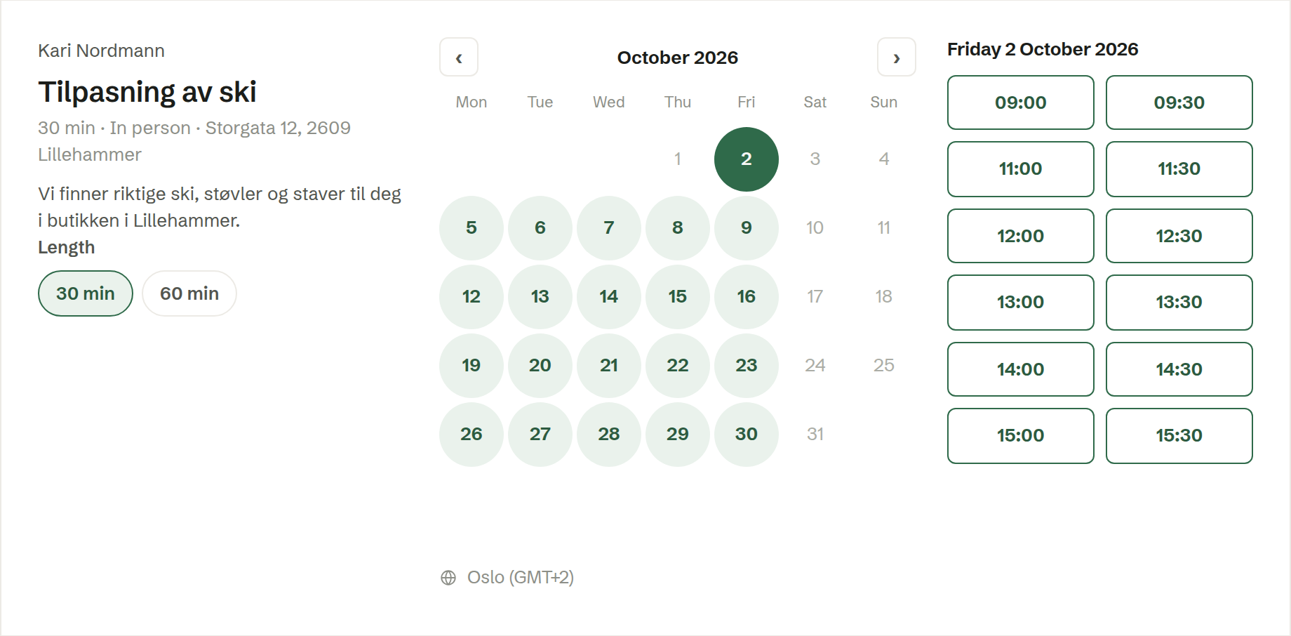 The booking page with a day picked and its free times