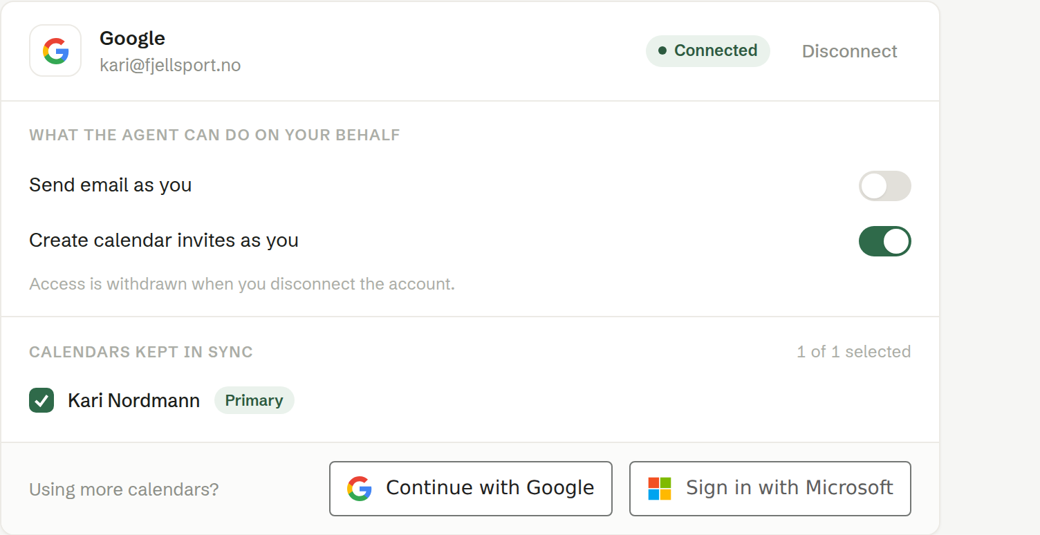 Connected accounts, with a Google calendar connected