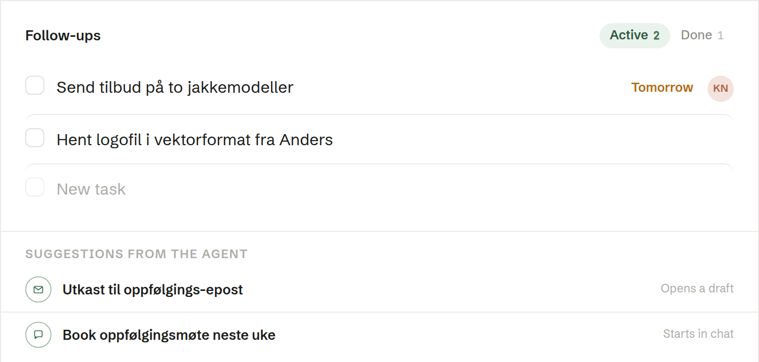 Follow-ups on a held meeting, with the agent's suggestions underneath