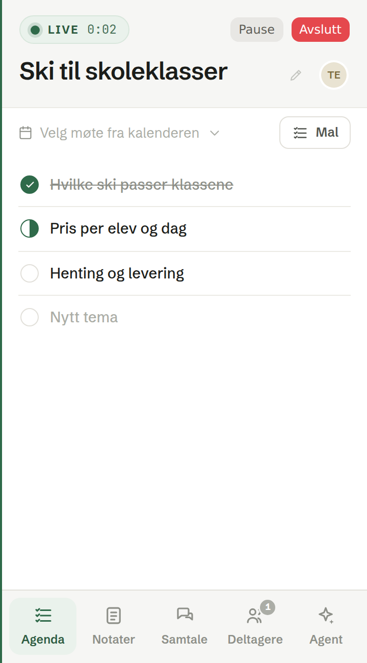 The meeting window during a meeting, on the Agenda tab