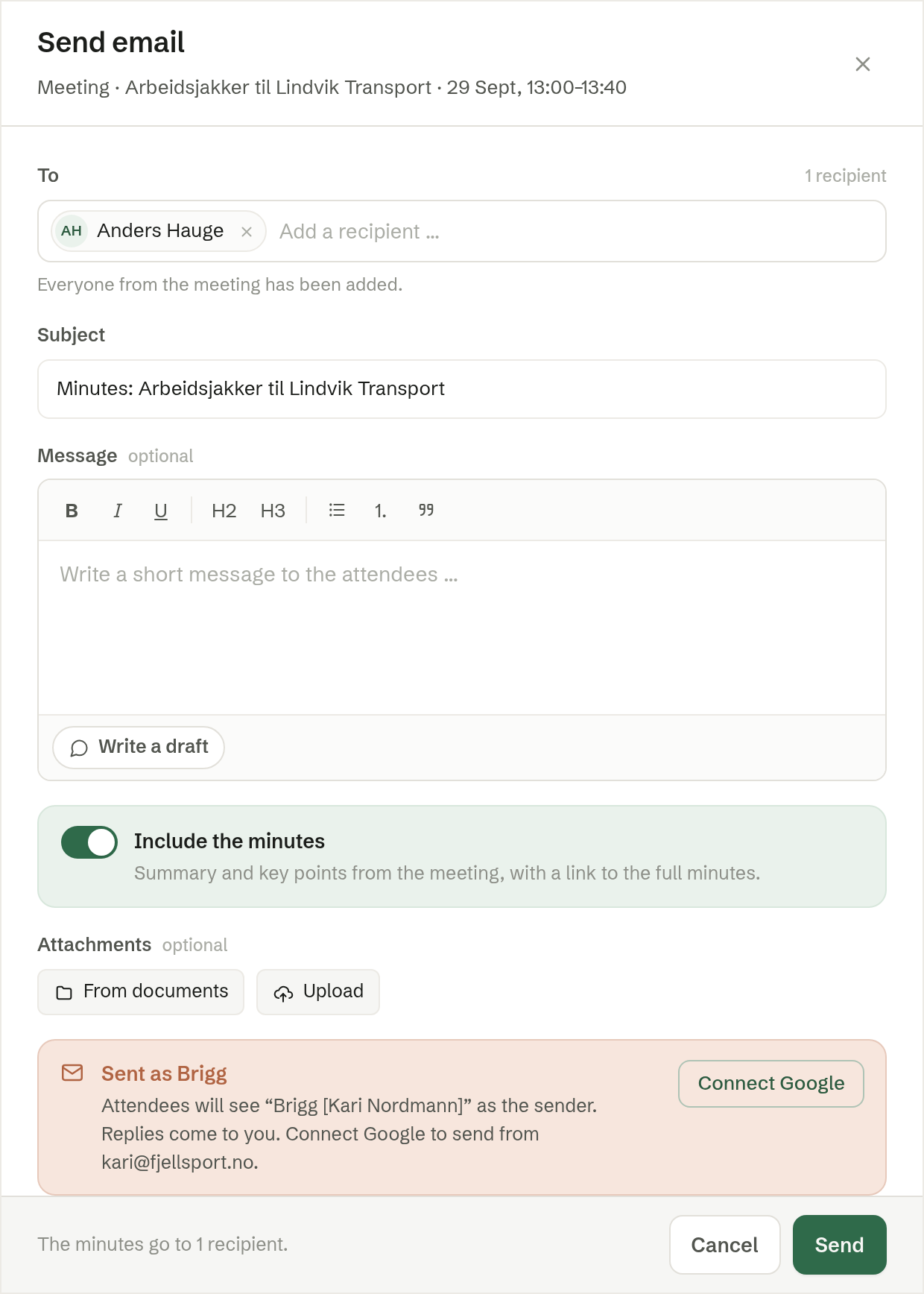 The Send email dialog on a meeting