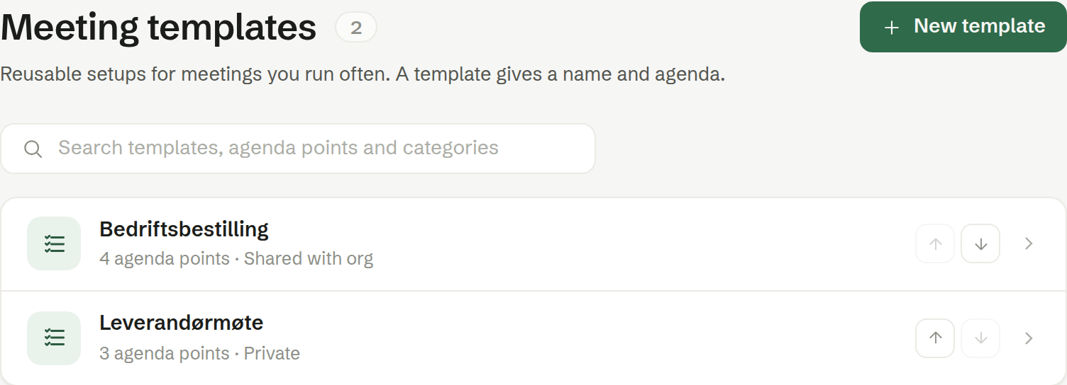 Meeting templates, shared and private