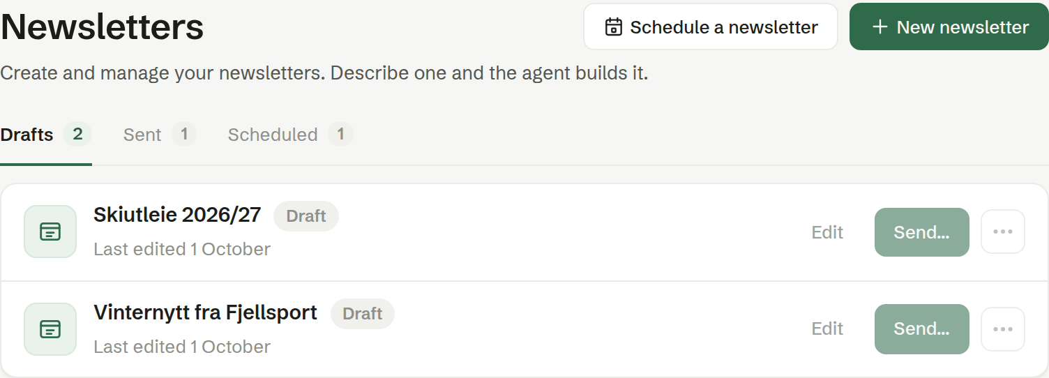 Newsletters: the drafts, with the buttons for a new newsletter and a scheduled one
