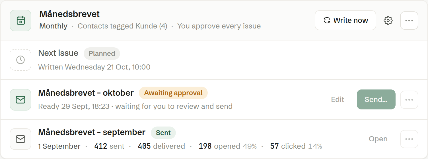 A scheduled newsletter: the next issue, one awaiting approval and one sent