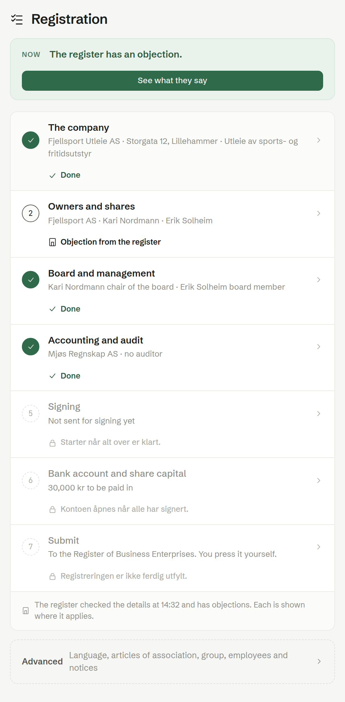The overview when the register has an objection