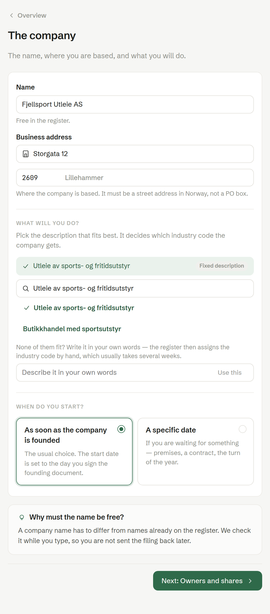 The company: name, address, activity and start