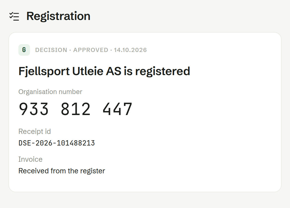 The decision: the company is registered, with its organisation number