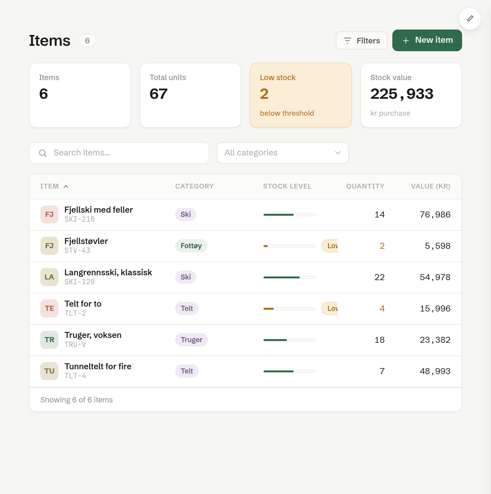 An app made in Brigg: Fjellsport's stock list, with the edit pencil at the top right