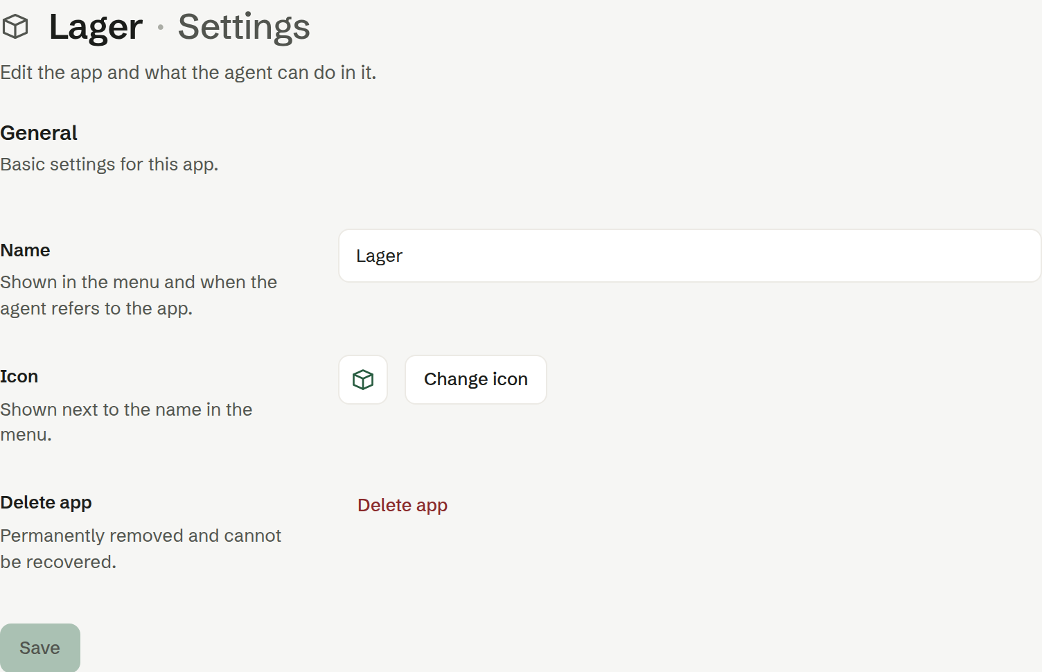 The settings page of an app