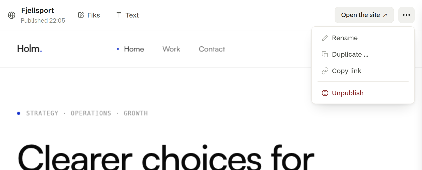 The More options menu of a website