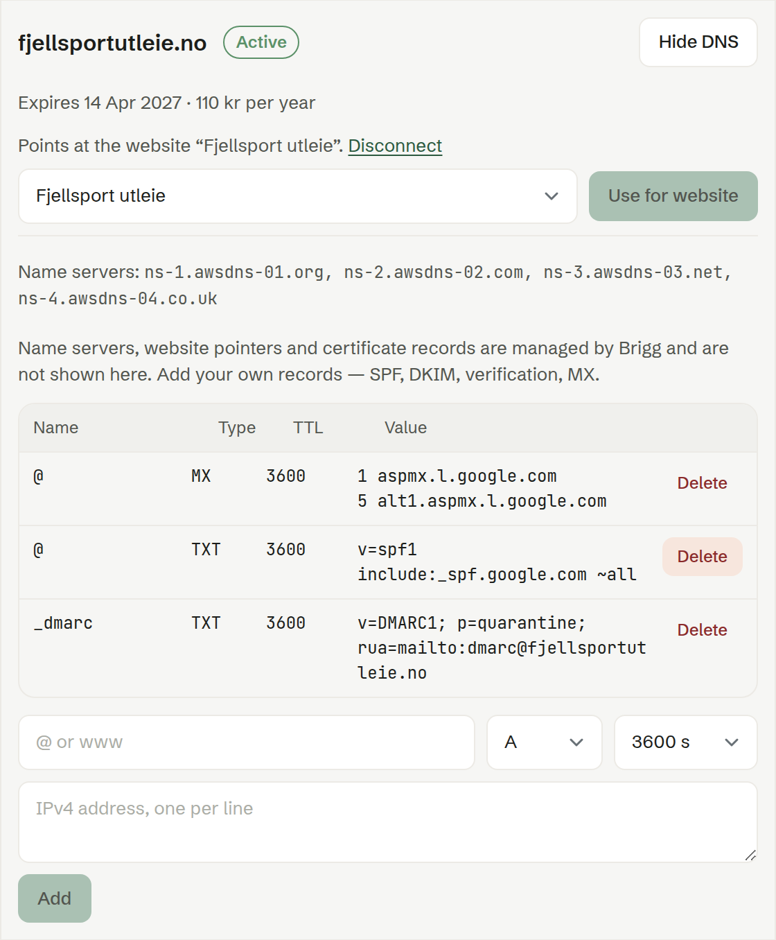 The DNS records of fjellsportutleie.no