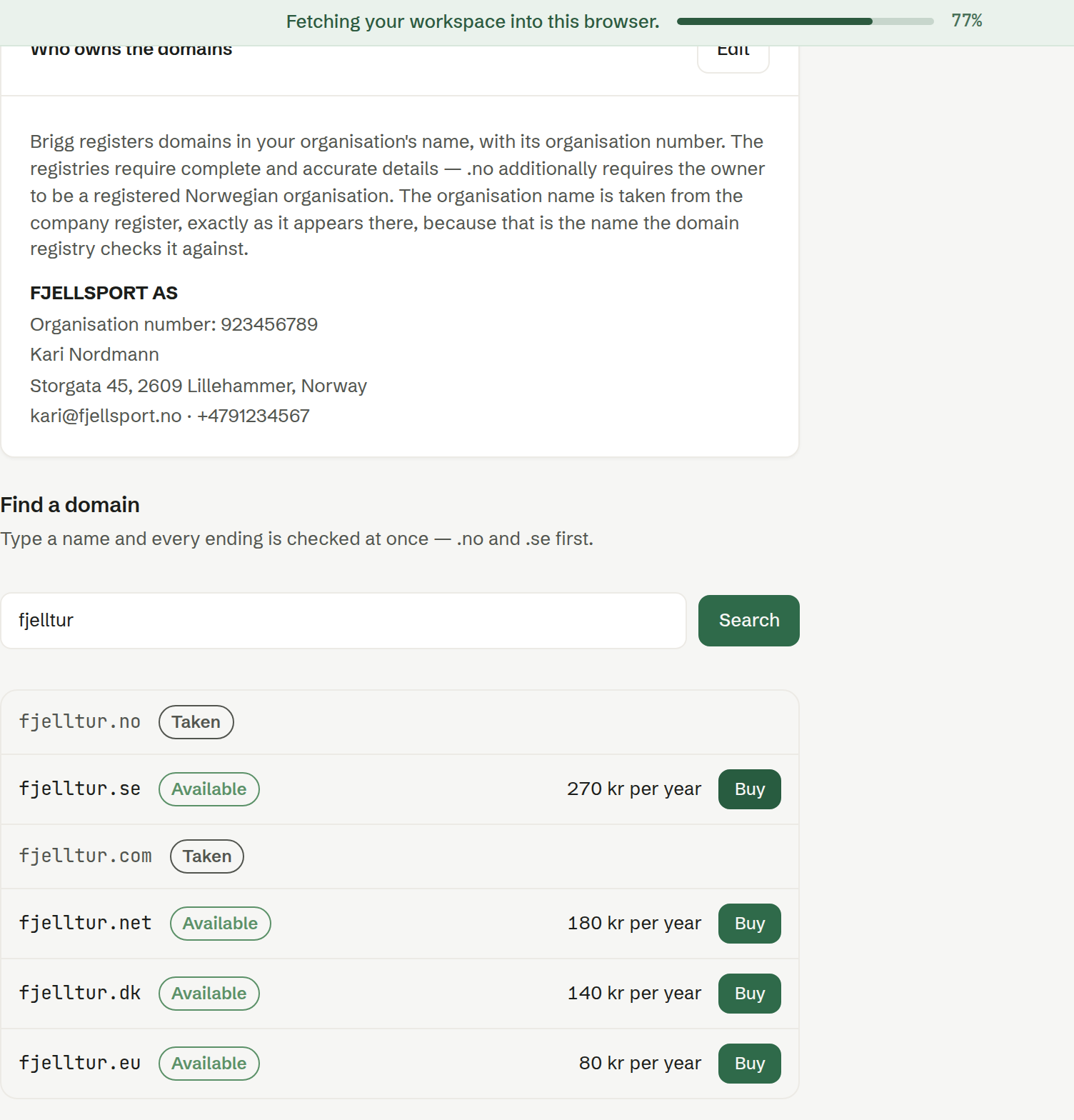 Company settings › Domains, with the owner details and a search