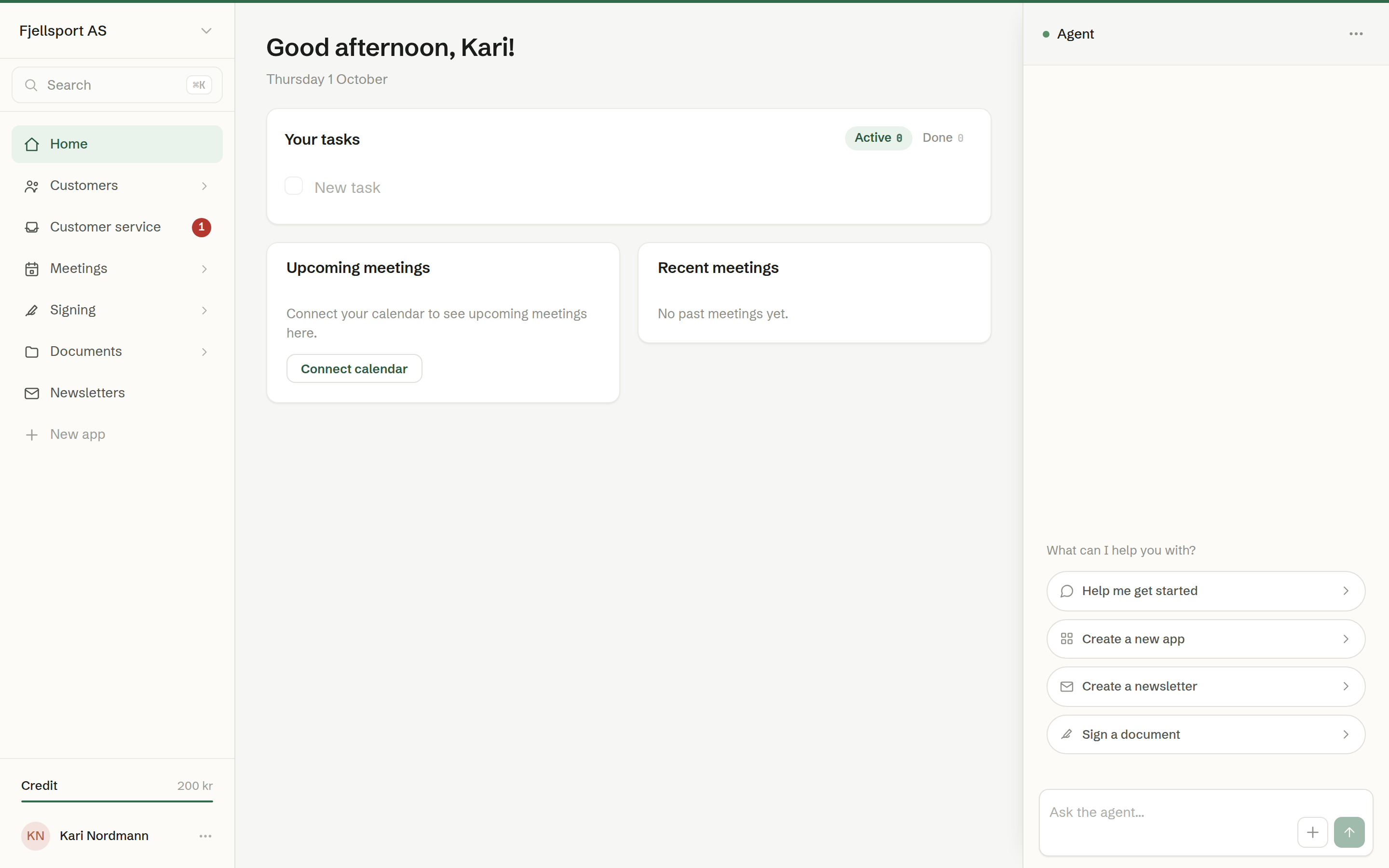 The Brigg workspace: the menu on the left, the screen you are working in, and the agent on the right