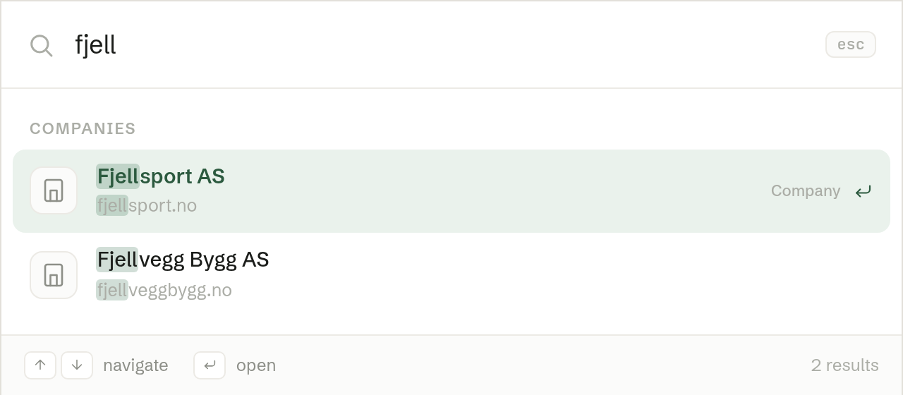 Search, with results grouped by kind